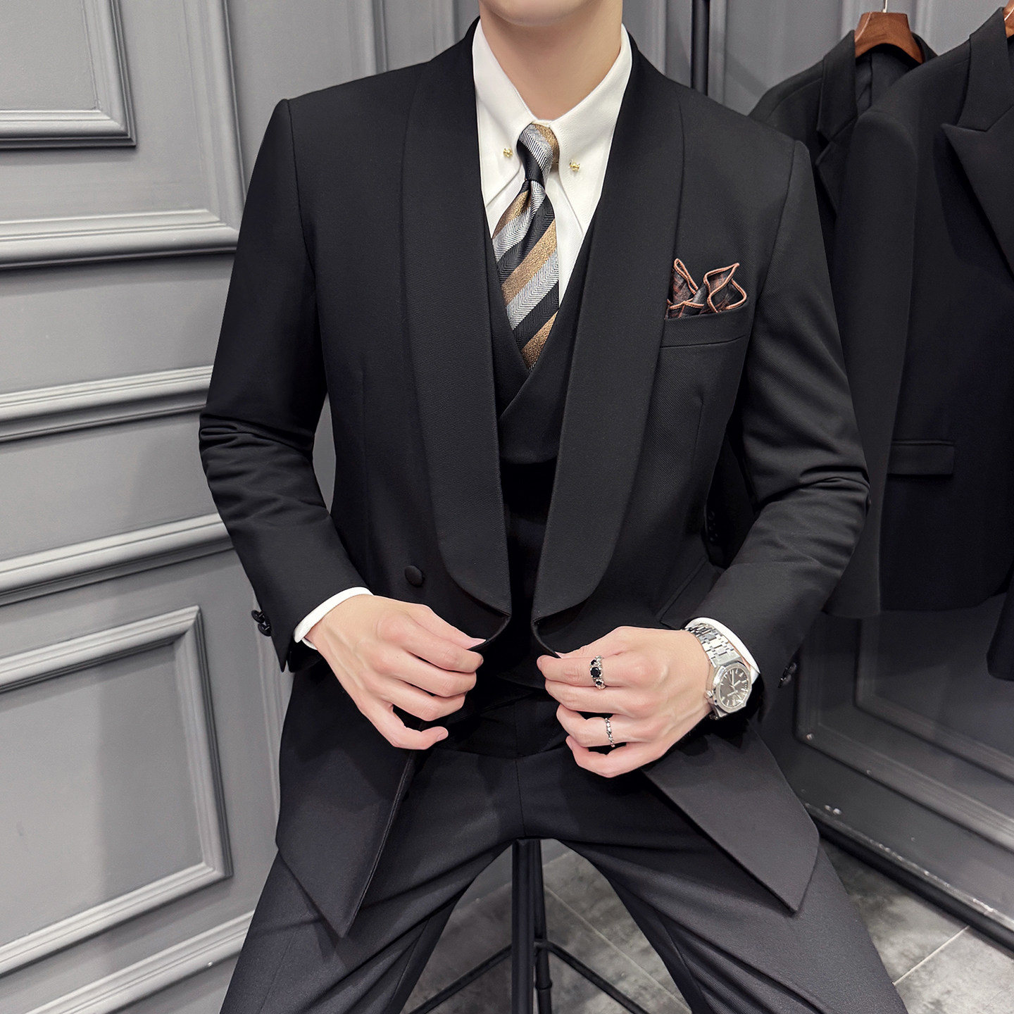 木框景2025秋季套装修身休闲商务大码男士礼服A311-SJT9012-P290,男装西服套装,电商A311