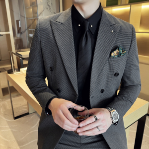 2024春季双排扣西装套装修身休闲商务西服男士A311-LJT9993-P235,黑色小香风马甲外套搭配图片