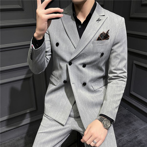2025秋季套装男士条纹修身商务休闲双排扣西服A311-LJT6833-P210图片