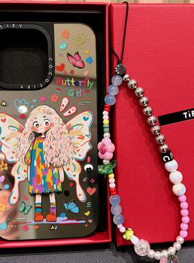 C家可爱涂鸦蝴蝶卷发女孩适用iphone15手机壳14promax苹果13pro镜面MagSafe磁吸12/16保护套17PRO女闺蜜网红