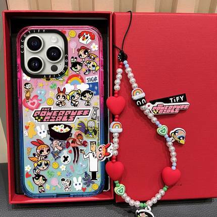 C家棉花糖飞天小女警贴纸适用苹果15promax/17PRO手机壳iphone14pro保护套13镜面16卡通透明12女挂绳手链17