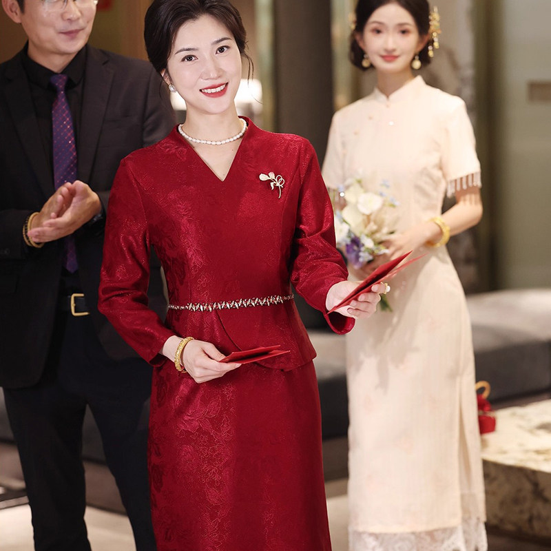 中式喜婆婆高端气质旗袍敬酒服丈母娘妈妈装结婚礼服连衣裙平时穿