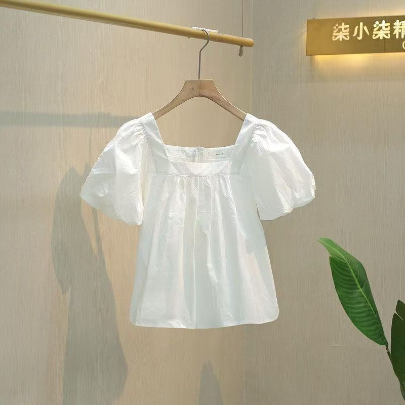 2025春夏新款韩版纯棉方领洋气泡泡袖短袖宽松显瘦套头女衬衫上衣