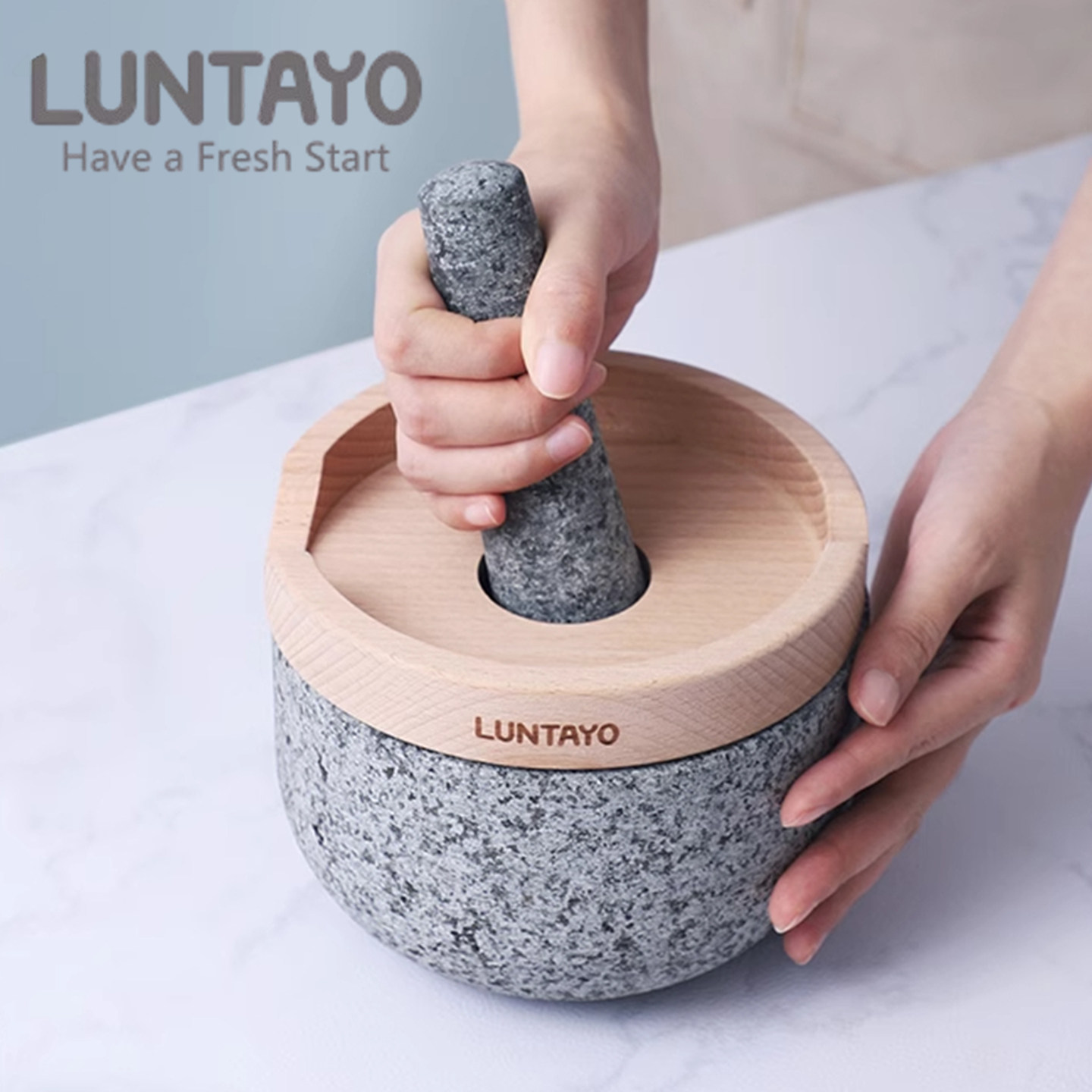 Luntayo花岗岩石臼蒜子家用图片