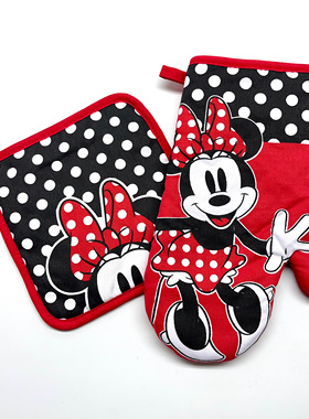 包邮美国米老鼠米奇米妮烘焙厨房红色隔热手套杯垫煲垫套装礼品