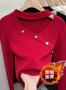 加绒加厚挂脖针织衫女2025新款感小众镂空毛衣打底衫内搭秋冬上衣