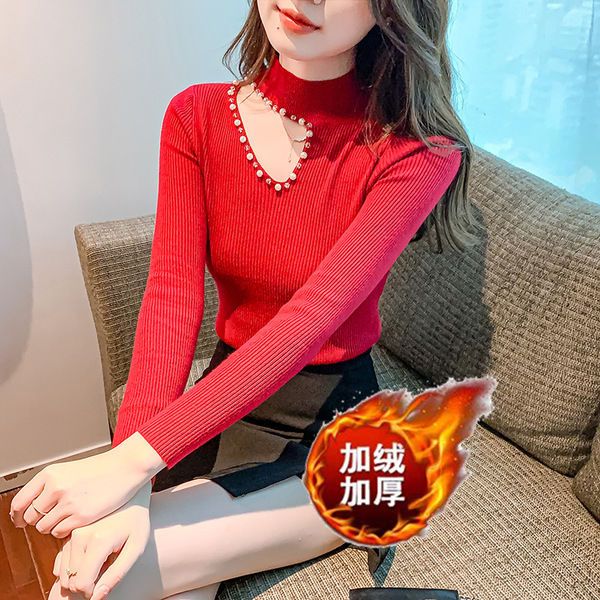 加绒加厚新款露锁骨百搭高档毛衣洋气脖子镂空上衣网红爆款打底衫