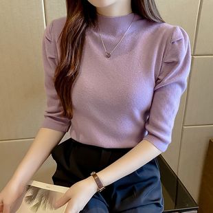 2026春秋新款修身中袖针织衫短款上衣半高领打底衫内搭毛衣女春秋