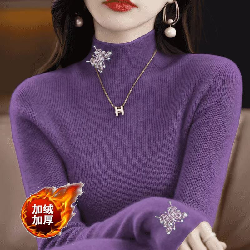 加绒保暖高端大气内搭毛衣女冬新款紫色半高领修身软糯针织打底衫