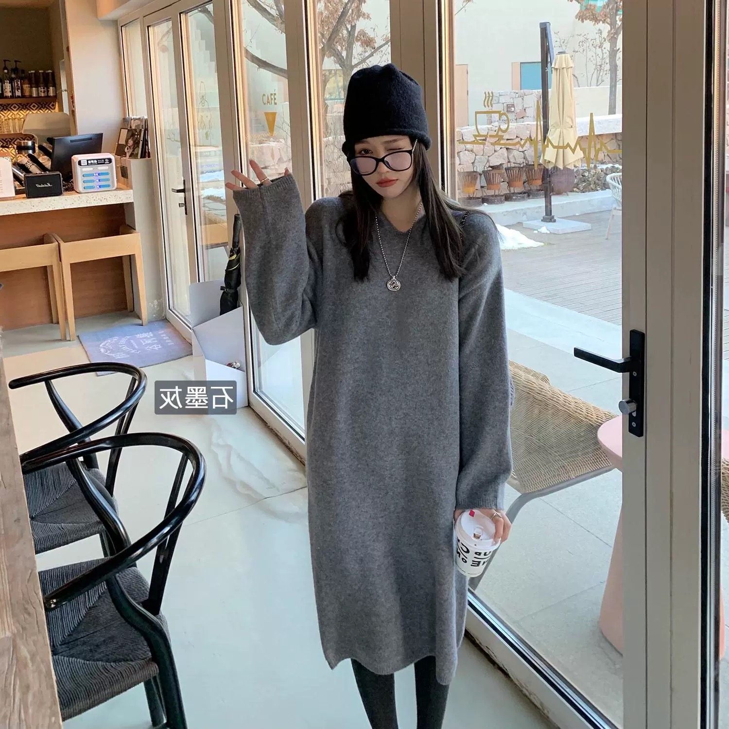 秋冬连帽羊毛衫女过膝超长款v领宽松短袖毛衣打底羊毛针织连衣裙