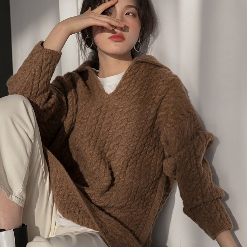 秋冬新款复古羊毛麻花针织连衣裙宽松慵懒风中长款翻领加厚毛衣裙