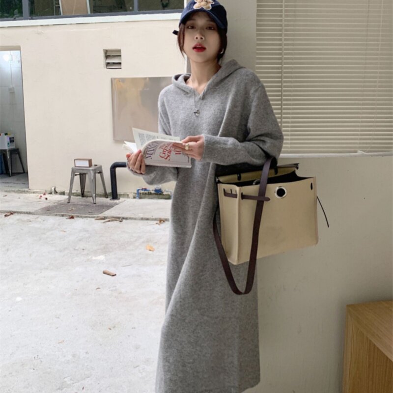 欧货秋冬中长款加厚连帽羊毛衫女宽松软糯慵懒风长裙羊毛针织打底
