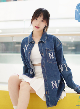 24新款MLB情侣牛仔外套男女NY刺绣复古运动休闲长袖衬衫3ADRG0344