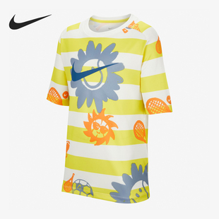 Nike耐克男女童柔软亲肤舒适圆领印花条纹运动休闲短袖T恤 HM4639