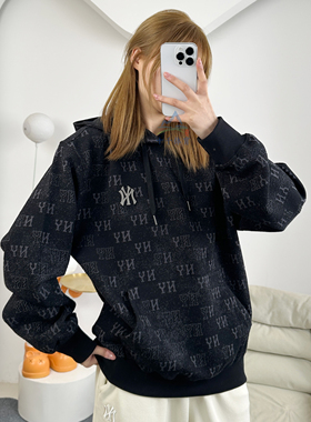 25秋季新款MLB情侣卫衣男女NY老花满印运动连帽套头衫3AHDM0154