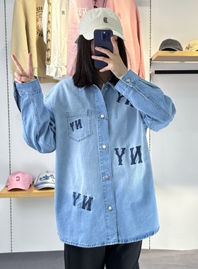 25新款MLB情侣牛仔外套男女NY灵落老花刺绣衬衫运动夹克3ADRG0351