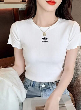 Adidas阿迪达斯三叶草女刺绣logo波浪边修身短袖T恤KE1107/KE1108