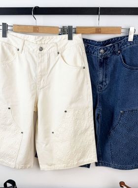 25新款MLB男款牛仔短裤NY复古暗纹老花满标五分裤运动裤3LDPM0253