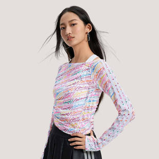 adidas阿迪达斯三条纹舞动系列LOGO满印长袖女T恤KR7600/KS5308