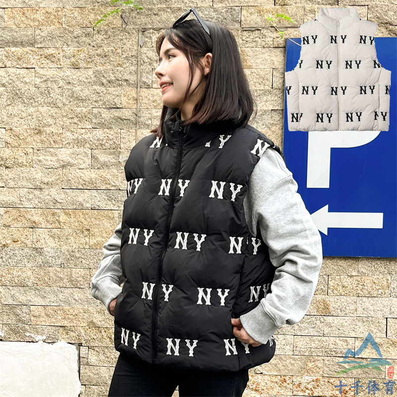 24新款MLB情侣羽绒马甲男女NY复古老花休闲保暖棉羽背心3ADVG0146