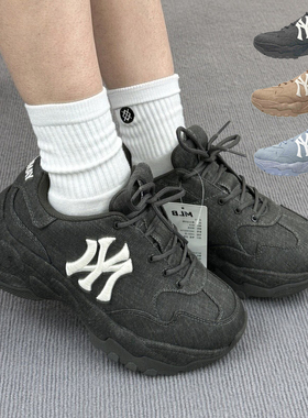 25新款MLB情侣老爹鞋男女NY仿牛仔厚底增高运动休闲鞋3ASHA025N