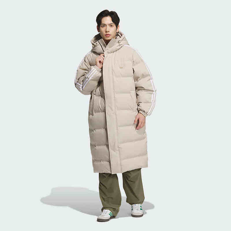 阿迪达斯男长款三条纹连帽羽绒服图片