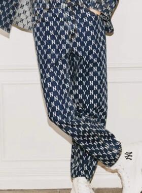 MLB牛仔裤男女同款NY老花字母满印情侣直筒运动休闲长裤3ADPM0421