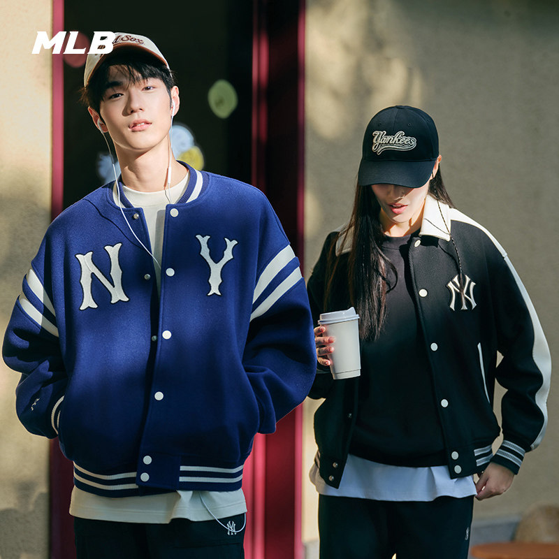 24新款MLB情侣外套男女NY刺绣仿羊羔绒翻领休闲运动夹克3AJPV1246