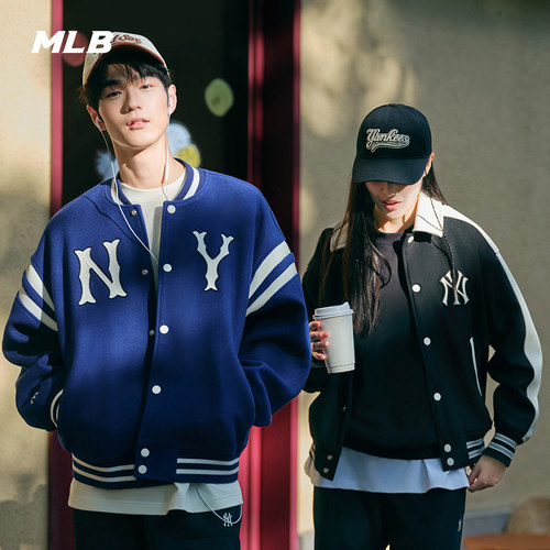 24新款MLB情侣外套男女NY刺绣仿羊羔绒翻领休闲运动夹克3AJPV1246 - 封面