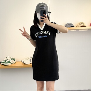 25新款MLB女款连衣裙NY学院风字母印花条纹Polo领运动裙3FOPV0153