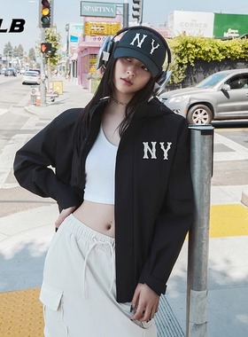 24新款张凌赫同款MLB男女NY连帽休闲运动夹克情侣外套3AWJB0644