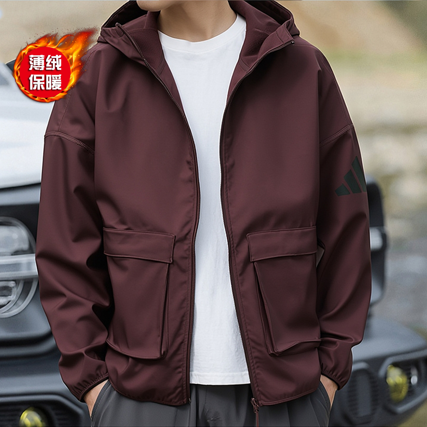 阿迪达斯男子梭织加绒防风衣保暖宽松工装夹克外套JF3301/JF3300