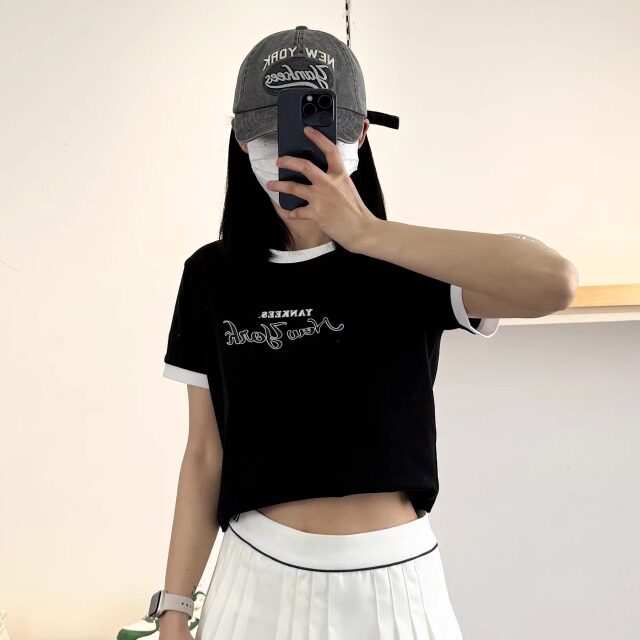 25新款MLB女款短袖NY字母印花复古撞色短款休闲运动T恤3FTSV0553