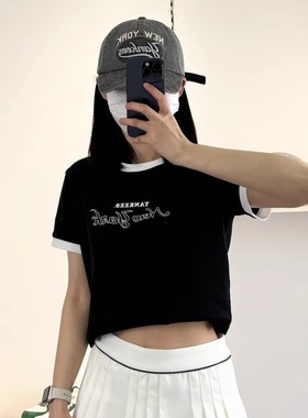 25新款MLB女款短袖NY字母印花复古撞色短款休闲运动T恤3FTSV0553