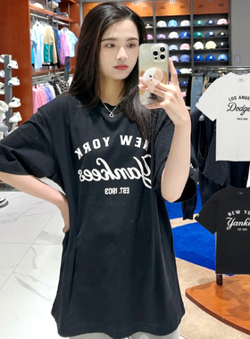 MLB情侣短袖男女复古学院风经典印花休闲圆领短袖T恤3ATSB4033