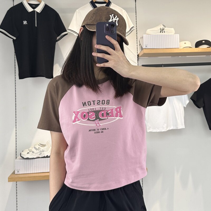 25新款MLB女款短袖NY复古学院风撞色拼接短款运动T恤3FTSV0853
