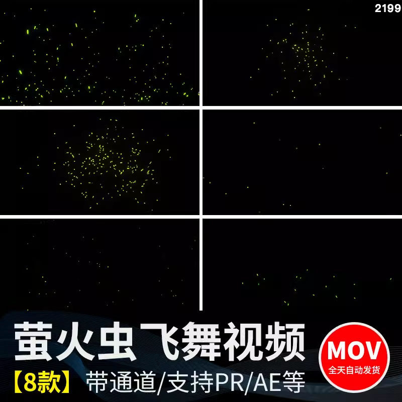 萤火虫夜晚发光漫天飞舞粒子动态特效果动画MOV透明通道视频素材