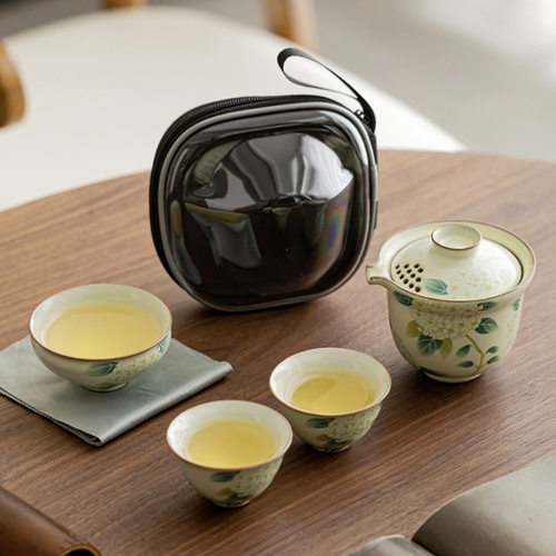 米黄汝窑便携式茶壶陶瓷户外旅游功夫茶具复古手抓壶旅行茶具套装