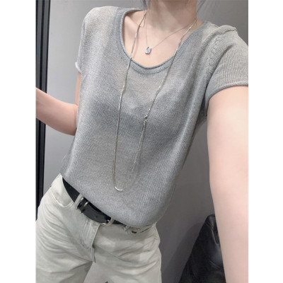 时尚低圆领冰丝针织衫短袖女
