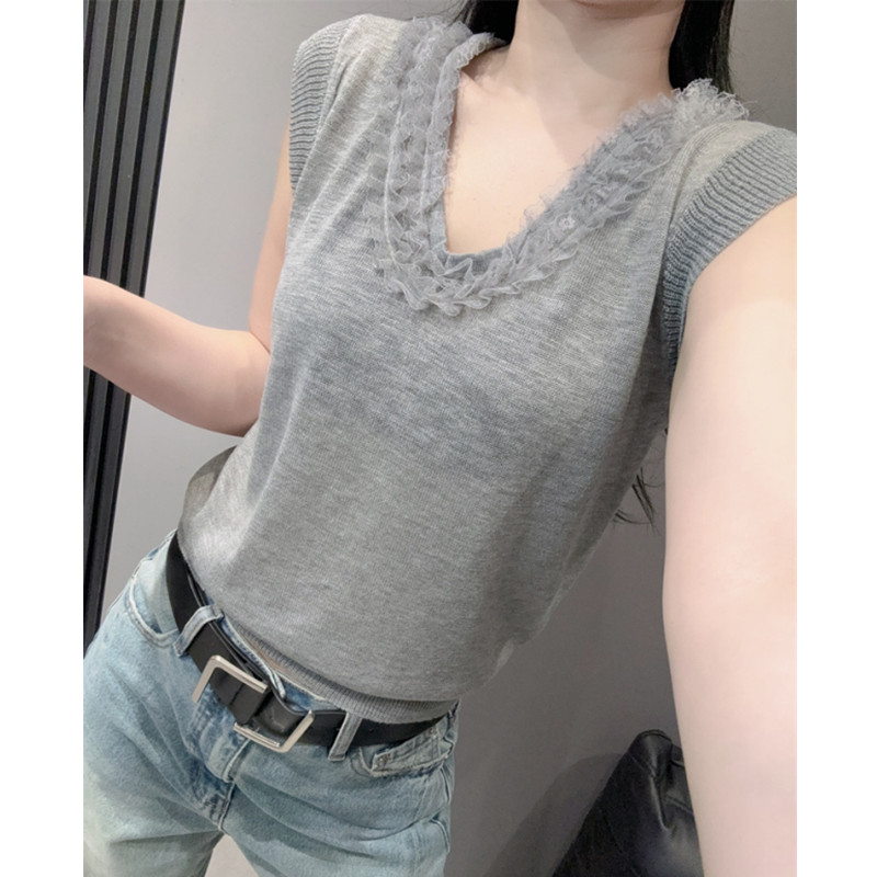 领口蕾丝短袖女冰丝针织衫宽松