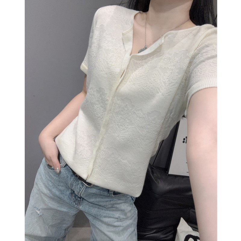 V领冰丝针织衫短袖女欧货洋气百搭修身毛衣小衫高级感提花上衣夏,女装/女士精品,毛针织衫,淘宝优惠券,粉丝福利购,淘宝优惠卷