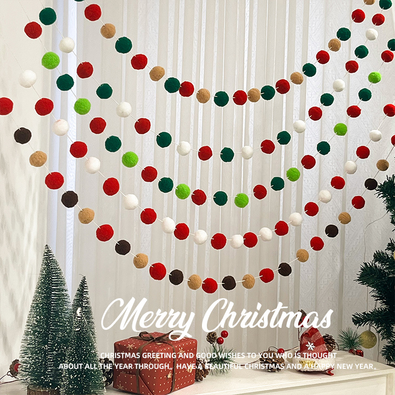 红绿白毛球串圣诞节毛绒球