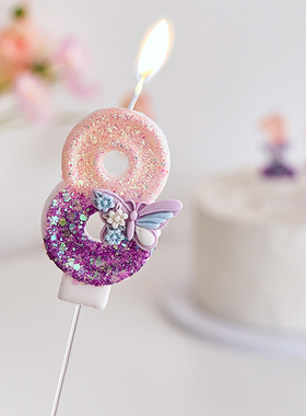 粉紫色蝴蝶少女蜡烛女孩网红周岁派对蛋糕装饰插件摆件拍照道具品