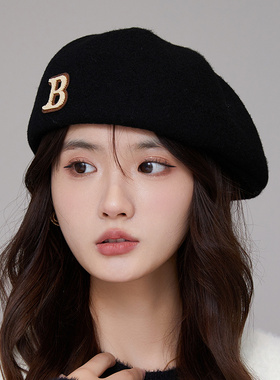 B字母毛呢贝雷帽女冬时尚英伦