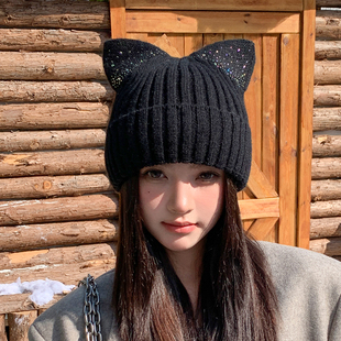 新款猫耳朵毛线帽子女秋冬季保暖可爱针织帽韩版休闲百搭软妹冷帽