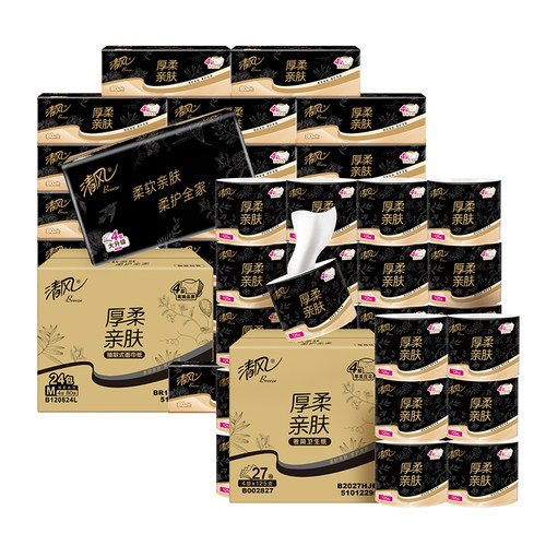 清风黑金系列厚柔抽纸M码+卷纸4层