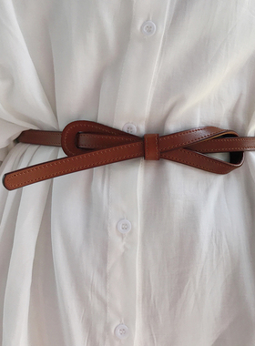 蝴蝶结细腰带女真皮百搭打结装饰皮带时尚黑色配连衣裙子毛衣收腰