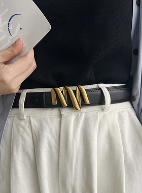 女字母二层牛皮合金百搭腰带女