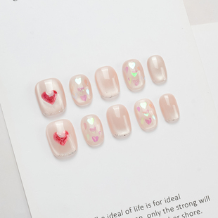 手工穿戴甲裸粉色玻璃珠猫眼手绘爱心显白穿戴美甲成品指甲贴短款
