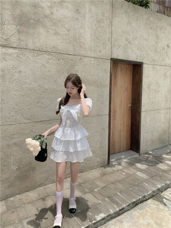 Real price green first love girl white bubble sleeve dress summer waist A-line short skirt girl